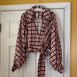 Maeve Plaid Wrap Blouse in Pink and Brown